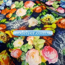 Ткань Дайвинг принт Цветы на темно-синем фоне